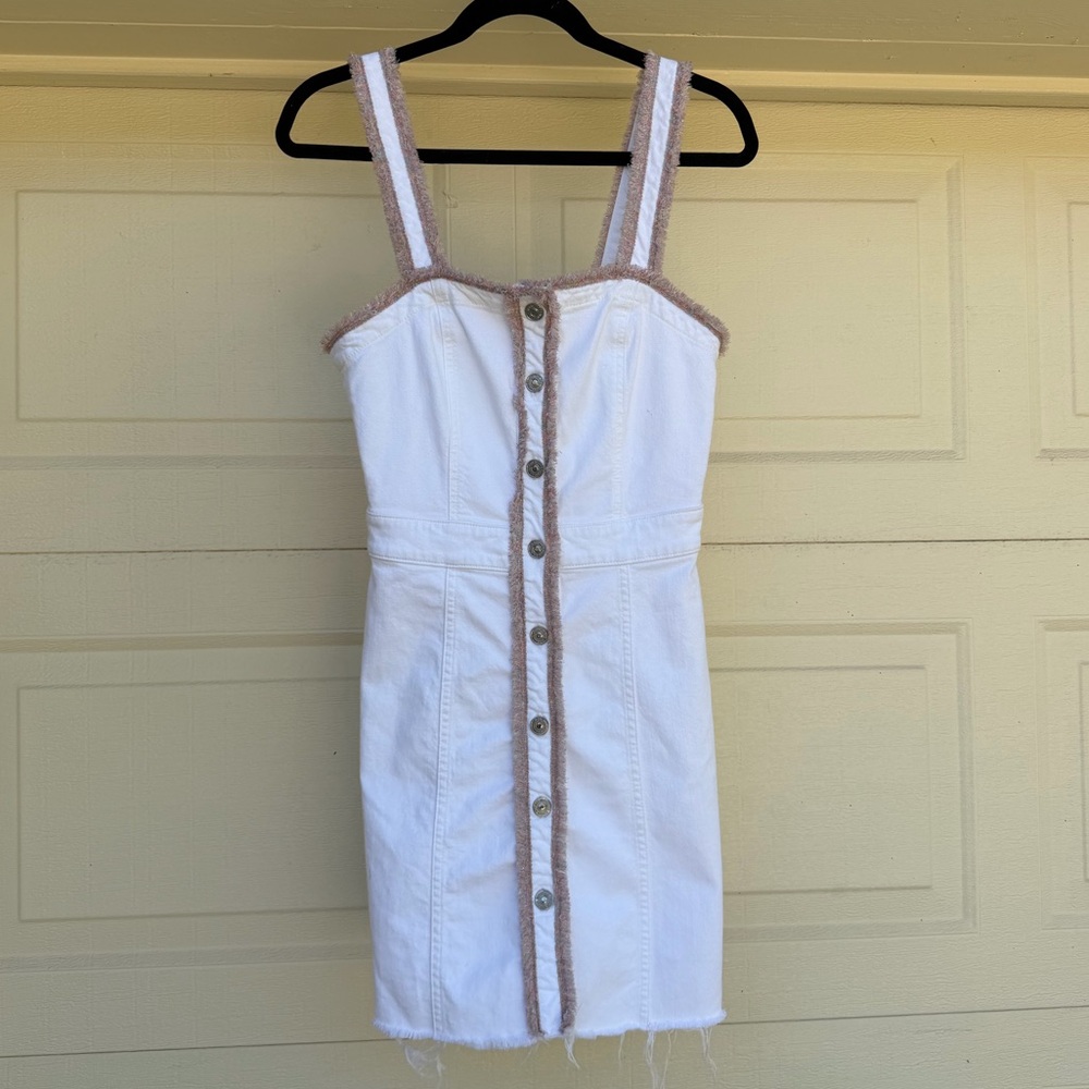7 For All Mankind White Denim Button Down Light Fringe Trim Mini Dress Size S - Picture 8 of 9